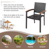 Stackable outdoor patio dining chair with PE rattan, acacia wood armrests, and a sturdy steel frame for garden use.