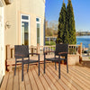 Set of 2 stackable outdoor patio chairs with PE rattan, curved acacia wood armrests, perfect for garden relaxation.