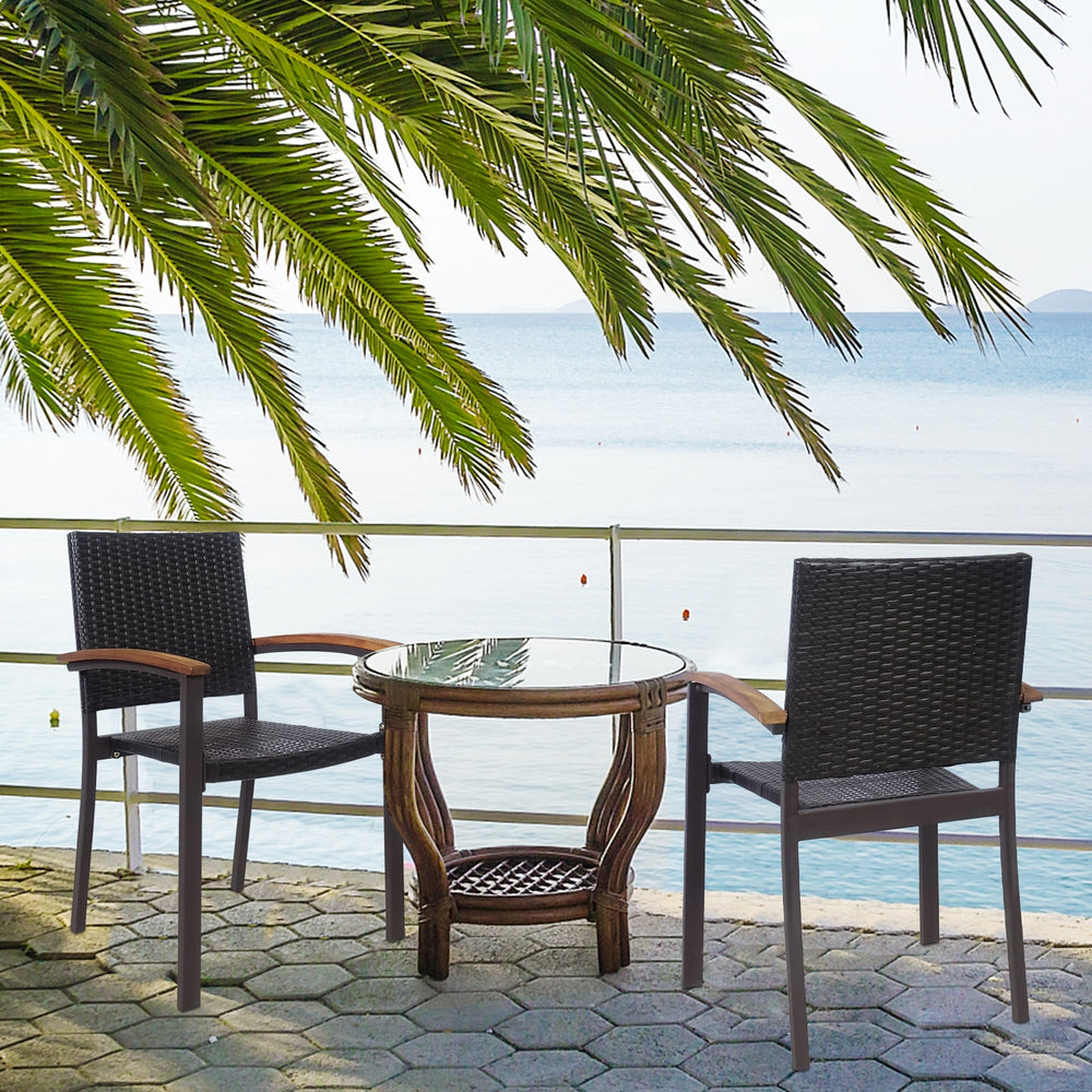 Set of 2 stackable outdoor patio PE rattan dining chairs with acacia wood armrests, ideal for garden or backyard use.
