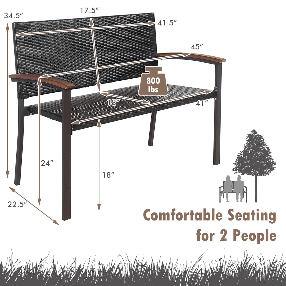 Outdoor patio rattan wicker bench with acacia wood armrests, sturdy steel frame, comfortable seating for 2 people.