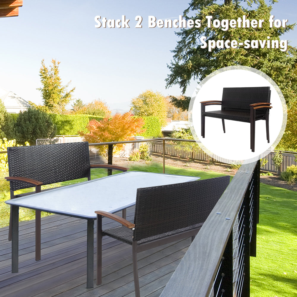 Outdoor patio rattan wicker bench with acacia wood armrests, featuring a durable PE rattan design for garden use.