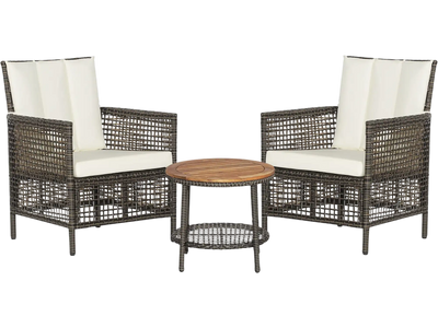 Costway 3-Piece Patio Rattan Furniture Set Cushioned Sofas Wood Table Top White 35489167 New