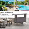 Outdoor wicker bar table with 2 metal mesh shelves, perfect for backyard or poolside gatherings and storage.
