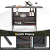 Outdoor wicker bar table with two metal mesh shelves, featuring a sturdy steel frame and adjustable footpads for.