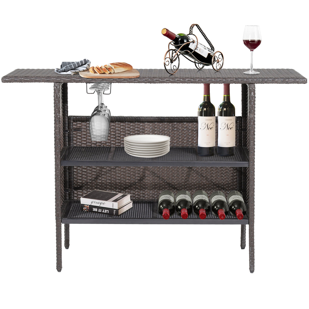 Outdoor wicker bar table with two metal mesh shelves, ideal for drinks and snacks, perfect for backyard or poolside.