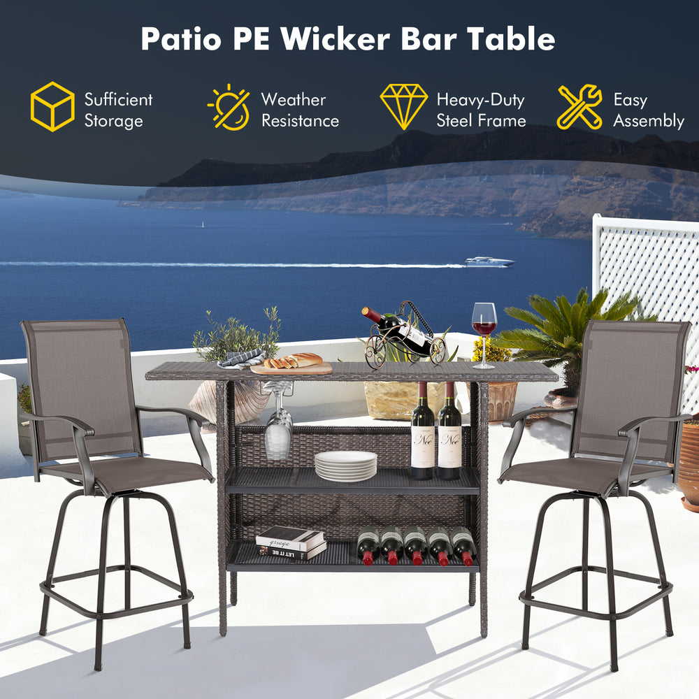 Outdoor wicker bar table featuring a sturdy steel frame, two mesh shelves, and a spacious tabletop for backyard.