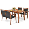 Acacia wood patio dining set with rattan chairs, featuring a large tabletop and umbrella hole, perfect for outdoor.