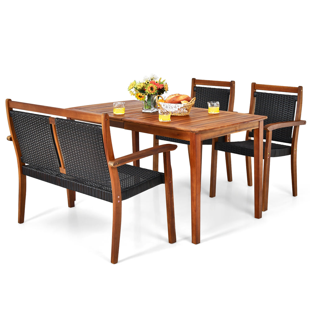 Acacia wood patio dining set with rattan chairs, featuring a large tabletop and umbrella hole, perfect for outdoor.