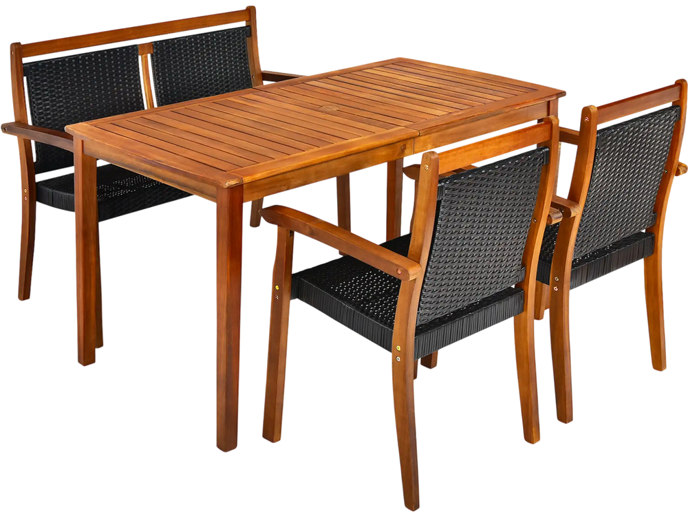 4 Pieces Acacia Wood Patio Rattan Dining Furniture Set