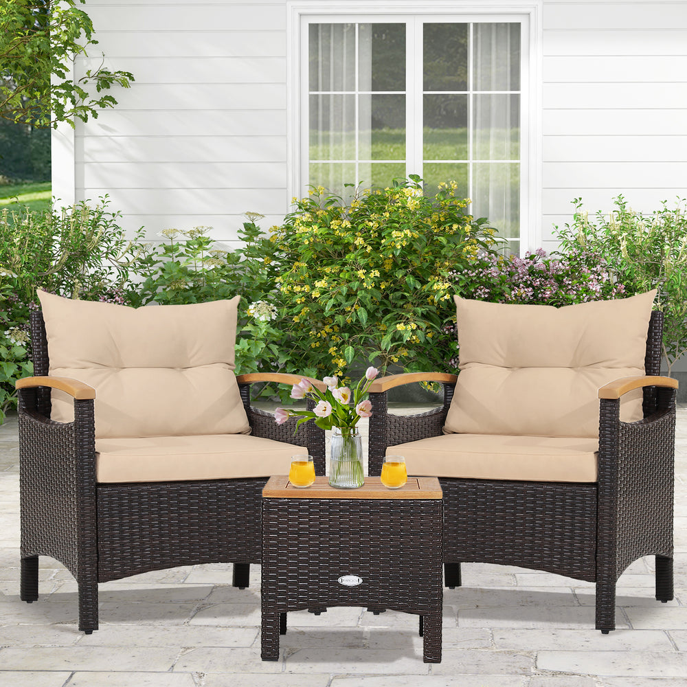 3 Pieces Patio Rattan Furniture Set with Removable Cushions-Beige - Gallery View 1 of 10