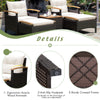 Detail of the 7-piece rattan patio sofa set showcasing ergonomic acacia wood armrests and adjustable footpads for.