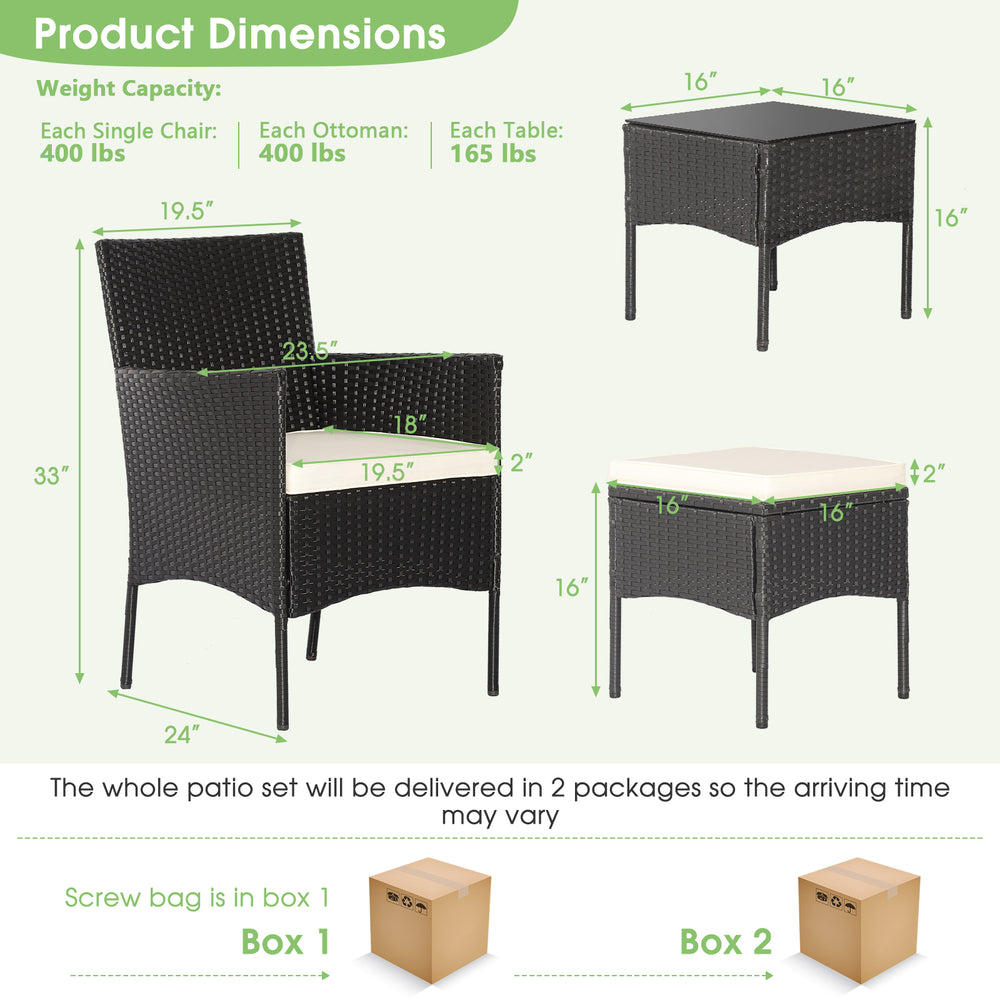 Single chair from the 8 Pieces Patio Wicker Conversation Set with black PE rattan and cream cushion, ideal for outdoor.