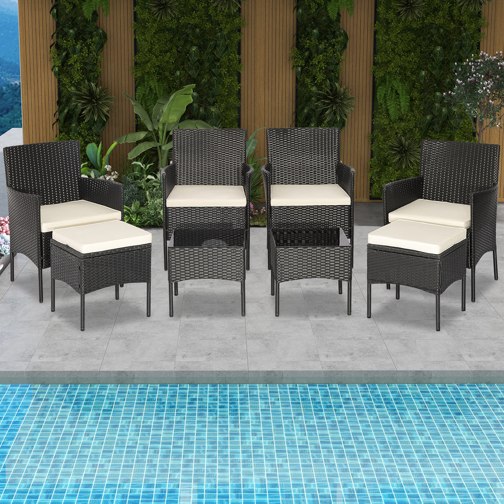 Patio wicker conversation set featuring 4 chairs, 2 ottomans, and 2 coffee tables, perfect for poolside relaxation.
