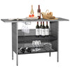 Outdoor patio wicker bar table with metal shelves, 55-inch tabletop, hand-woven gray PE wicker, ideal for outdoor use.