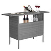 Outdoor patio wicker bar table with mixed gray PE wicker, metal shelves, and space for 4 glasses, ideal for outdoor use.
