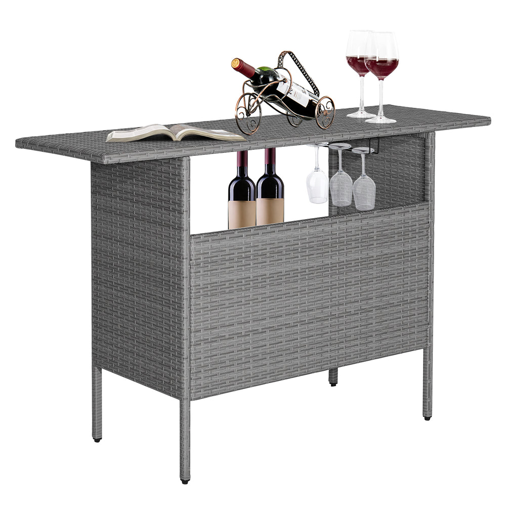 Outdoor patio wicker bar table with mixed gray PE wicker, metal shelves, and space for 4 glasses, ideal for outdoor use.