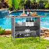 Outdoor patio wicker bar table with metal shelves, 55-inch tabletop, and stemware racks, ideal for poolside gatherings.