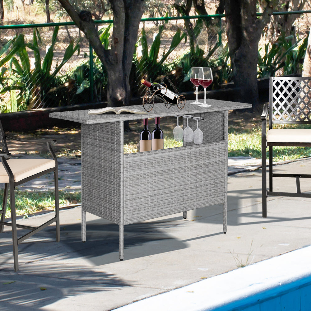 Outdoor patio wicker bar table with metal shelves, 55-inch tabletop, and hand-woven gray PE wicker for outdoor use.