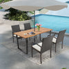 Rectangular 6-person acacia wood outdoor dining table with a 2-inch umbrella hole, set by a pool for outdoor dining.