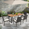 Rectangular 6-person acacia wood outdoor dining table with umbrella hole, set in a patio setting for versatile use.