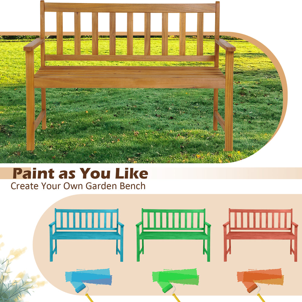 2-person outdoor acacia wood bench with backrest, featuring a smooth surface and ergonomic armrests for garden.