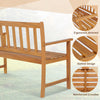 Acacia wood bench with ergonomic armrests, slatted design, and reinforced crossbar, perfect for outdoor patio seating.