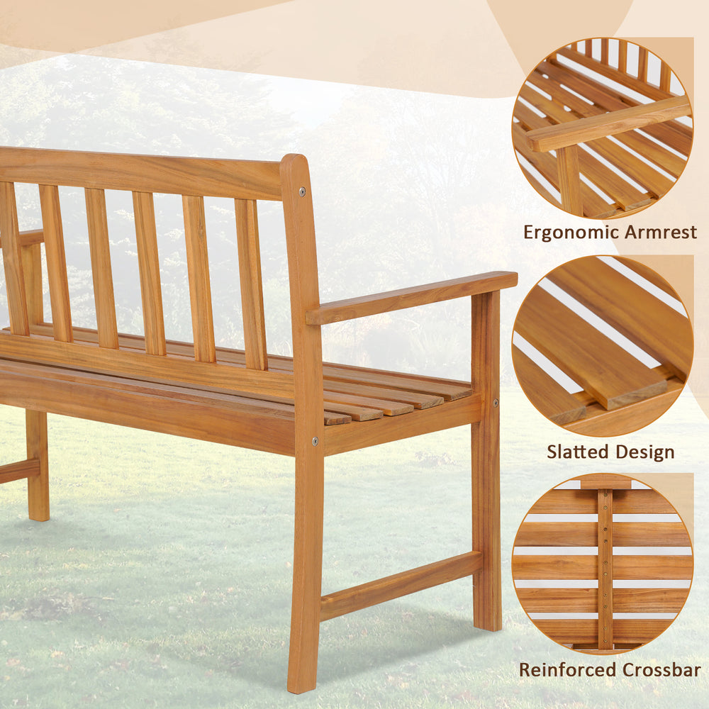 Acacia wood bench with ergonomic armrests, slatted design, and reinforced crossbar, perfect for outdoor patio seating.