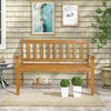 Acacia wood bench for 2 with backrest, featuring ergonomic armrests and slatted design, ideal for outdoor patios.