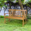 2-person outdoor acacia wood bench with backrest, featuring ergonomic armrests and slatted design for patio or garden.