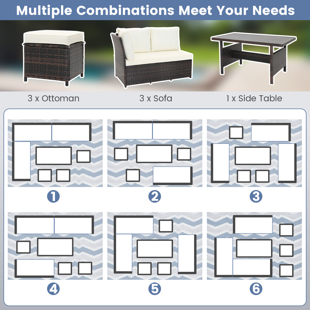 7-piece wicker patio furniture set featuring a sofa, ottomans, and side table for versatile outdoor configurations.