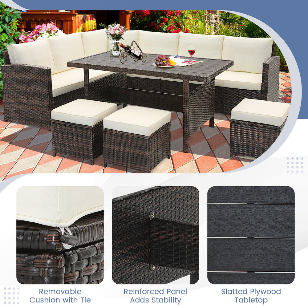 7-piece wicker patio furniture set featuring a wide slatted tabletop and removable cushions for garden or poolside use.