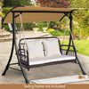 Wicker hanging porch swing with white cushions, featuring durable PE wicker and a strong 880 lbs capacity for outdoor.