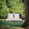 Wicker hanging porch swing with white cushions, durable PE wicker, suitable for outdoor use, holds up to 880 lbs.