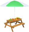 Kids outdoor picnic table with green umbrella, featuring 2 detachable play boxes for sand and water activities.
