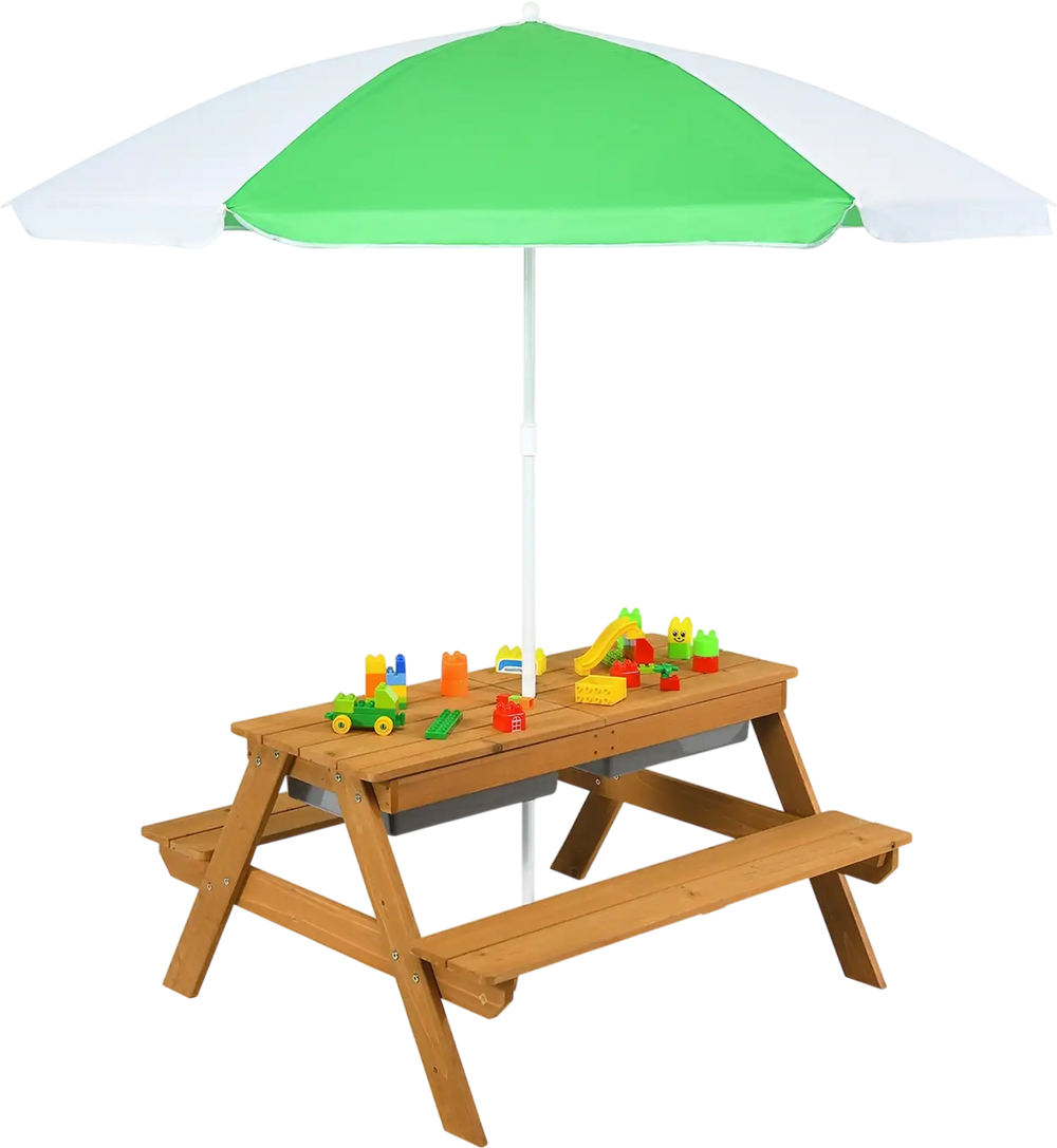 Kids outdoor picnic table with green umbrella, featuring 2 detachable play boxes for sand and water activities.