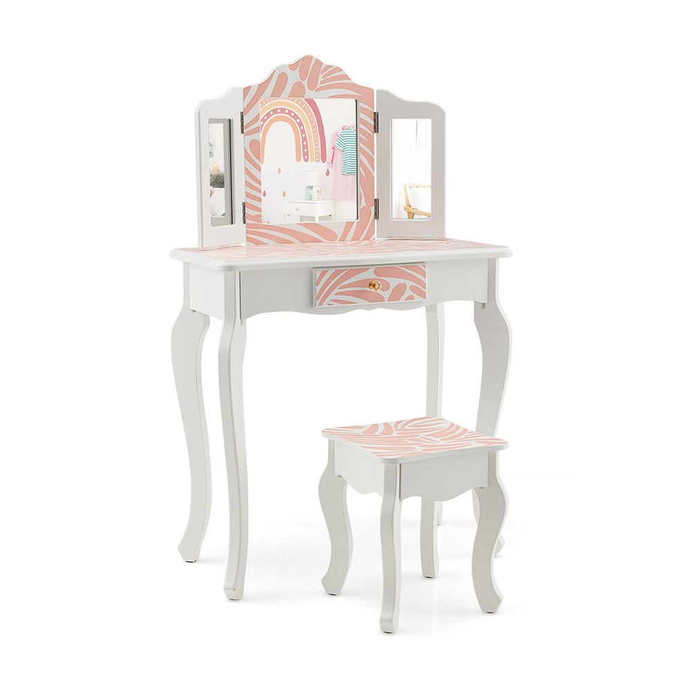Kids vanity table set with tri-folding mirror in pink and white, featuring a large drawer and sturdy MDF construction.