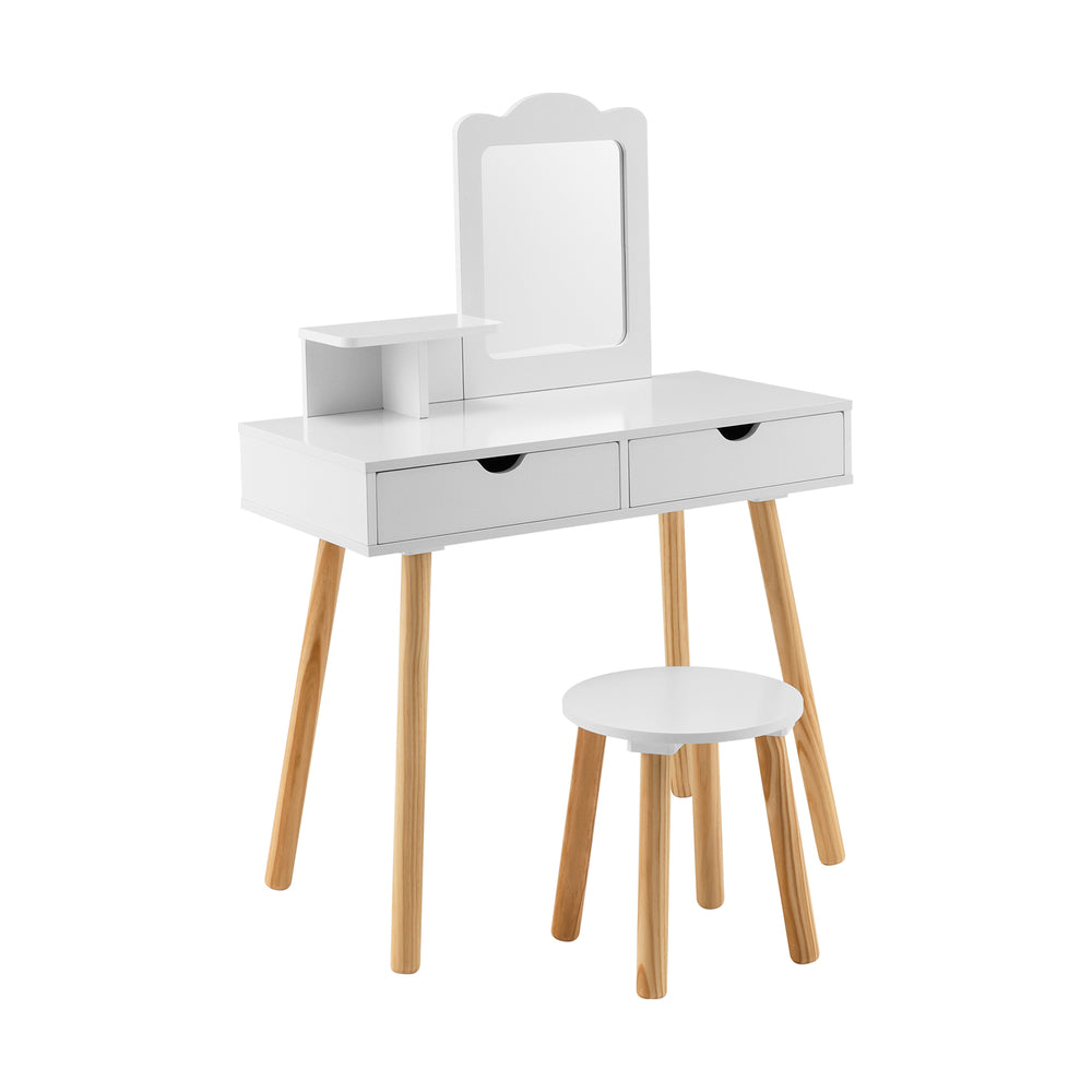 Kid vanity table chair set in white with mirror, two large storage drawers, and natural pine wood legs for stability.