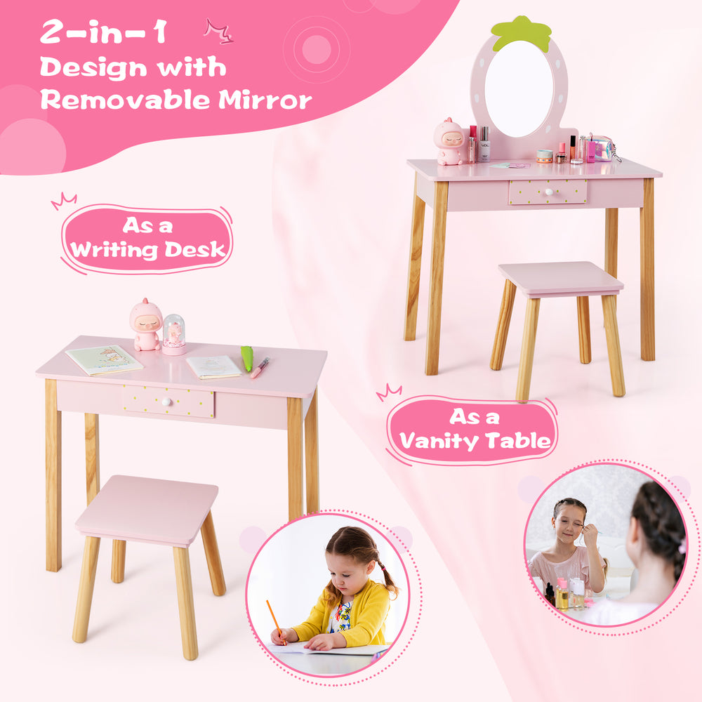 Children's 2-in-1 vanity table and stool set in pink with removable mirror, ideal for storage and play for ages 3-7.