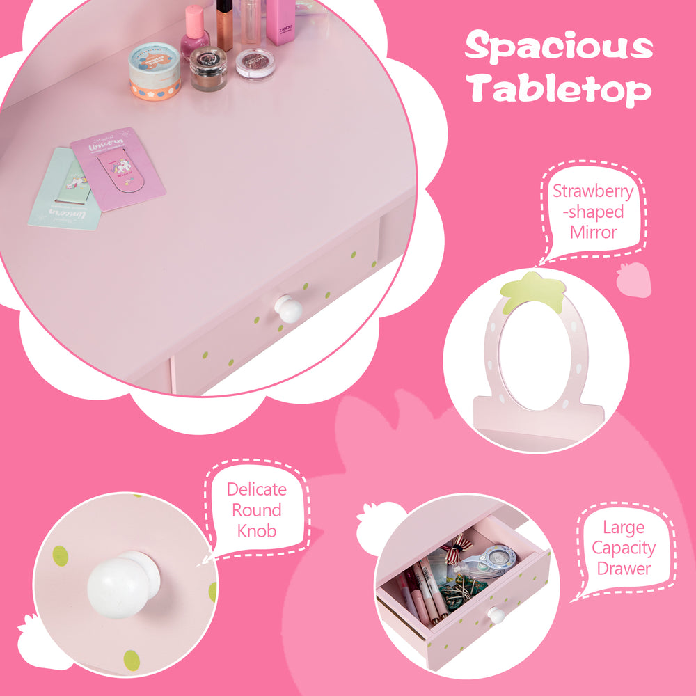 Spacious pink tabletop of the 2-in-1 children's vanity set with a strawberry-shaped mirror and large capacity drawer.