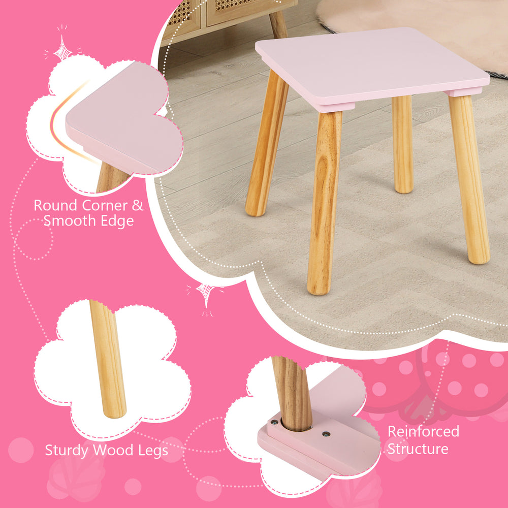 Children's vanity stool in pink with sturdy wood legs, round corners, and reinforced structure for safe use.