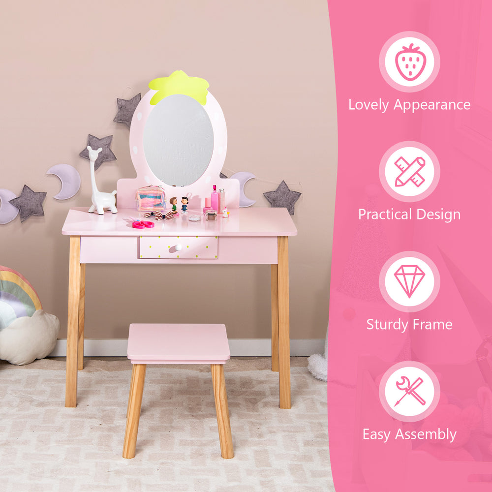 Children's pink vanity table set with removable mirror, sturdy eucalyptus wood legs, and ample storage for beauty.