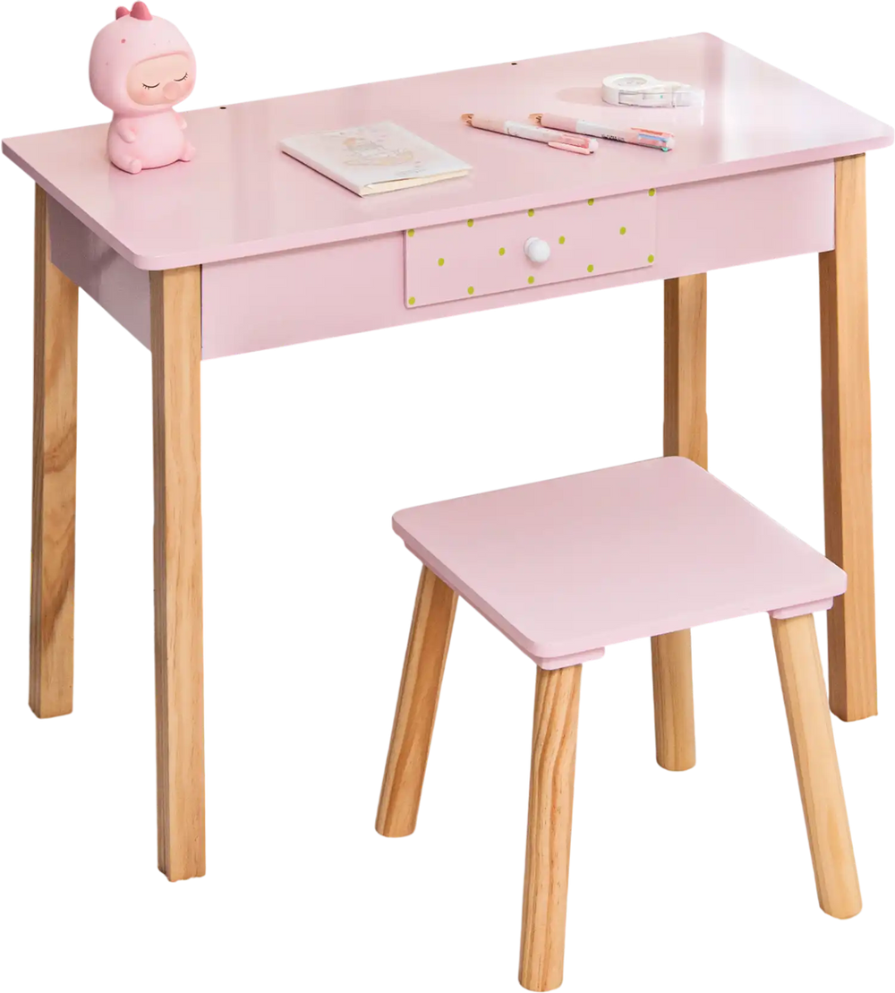 Children's pink vanity table and stool set with removable mirror, made of eucalyptus wood and MDF, ideal for ages 3-7.