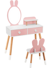 Pink kids vanity table with detachable rabbit mirror and two spacious drawers, designed for safety in playrooms or.