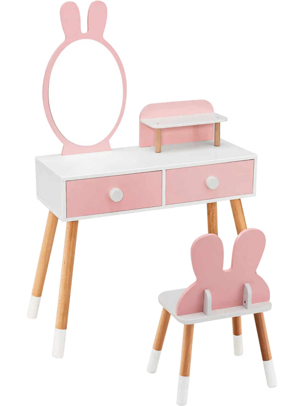 Pink kids vanity table with detachable rabbit mirror and two spacious drawers, designed for safety in playrooms or.