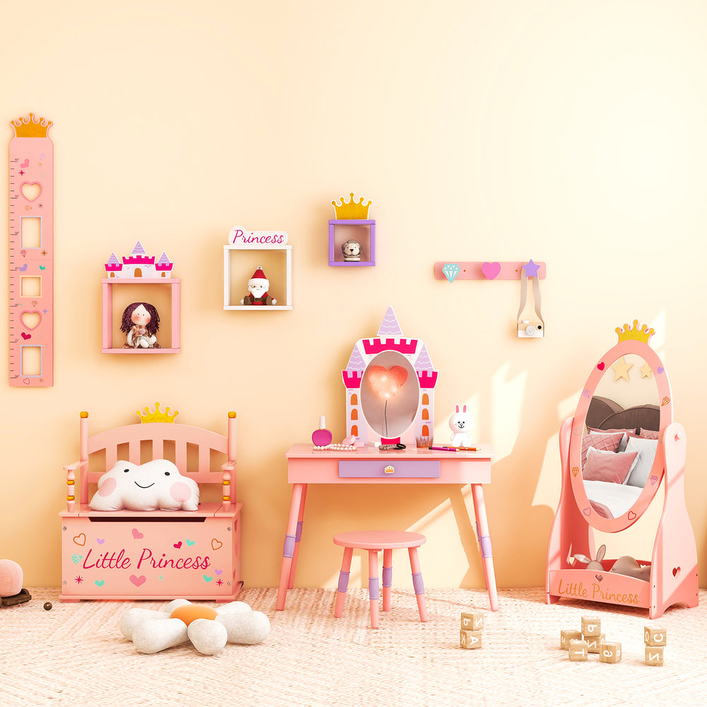 2-in-1 kids princess wooden toy box in pink with safe hinged lid, perfect for storage in a playroom or nursery.