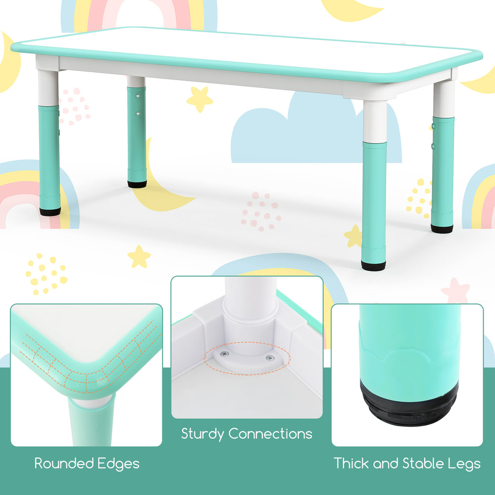 Kids table and chairs set in green with a graffiti desktop, featuring rounded edges and sturdy connections for safety.