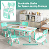 Kids table and chairs set in green with adjustable heights, stackable chairs, and graffiti tabletop for creative play.