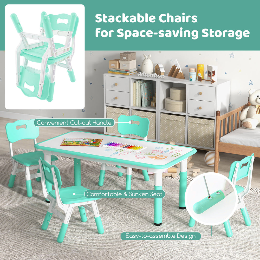 Kids table and chairs set in green with adjustable heights, stackable chairs, and graffiti tabletop for creative play.