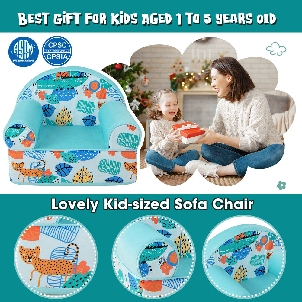 Kids armchair in blue with plush velvet cover, ergonomic backrest, and cute patterns, perfect for ages 1 to 5.
