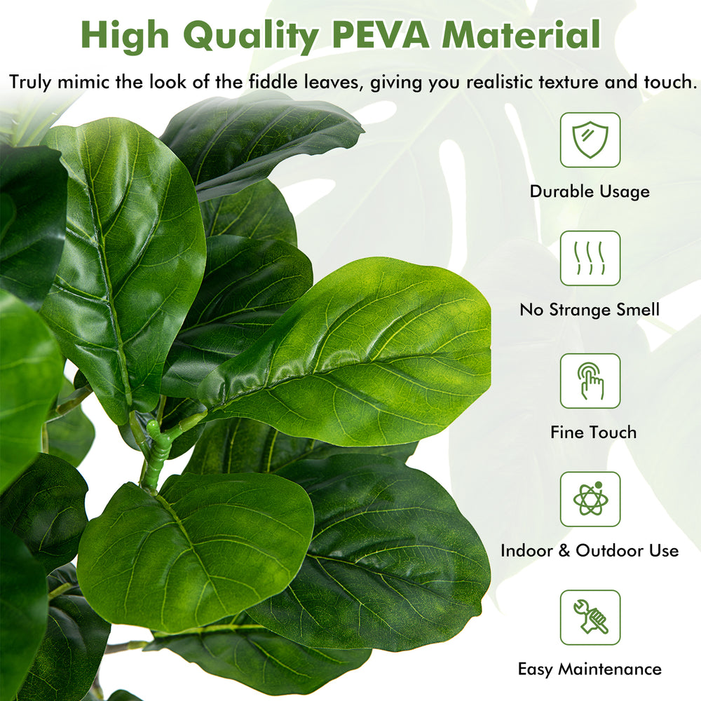 Close-up of 51-inch artificial fiddle leaf fig tree made of durable PEVA material, ideal for indoor and outdoor.